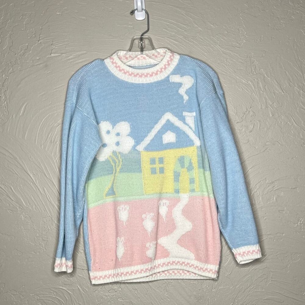Vintage Pastel Cottage Knit Pullover Sweater - Women's Blue & Pink